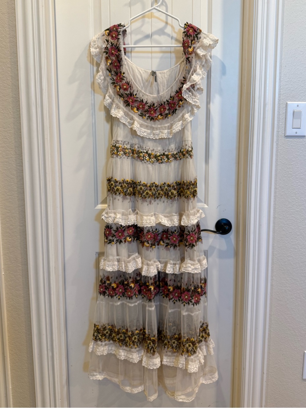 Anthropologie Ruffle-Sleeve V-Neck Embroidered Tulle Tiered Maxi Dress - Picture 4 of 7